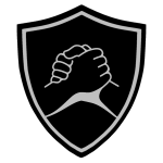 A black shield with a white and grey logoDescription automatically generated